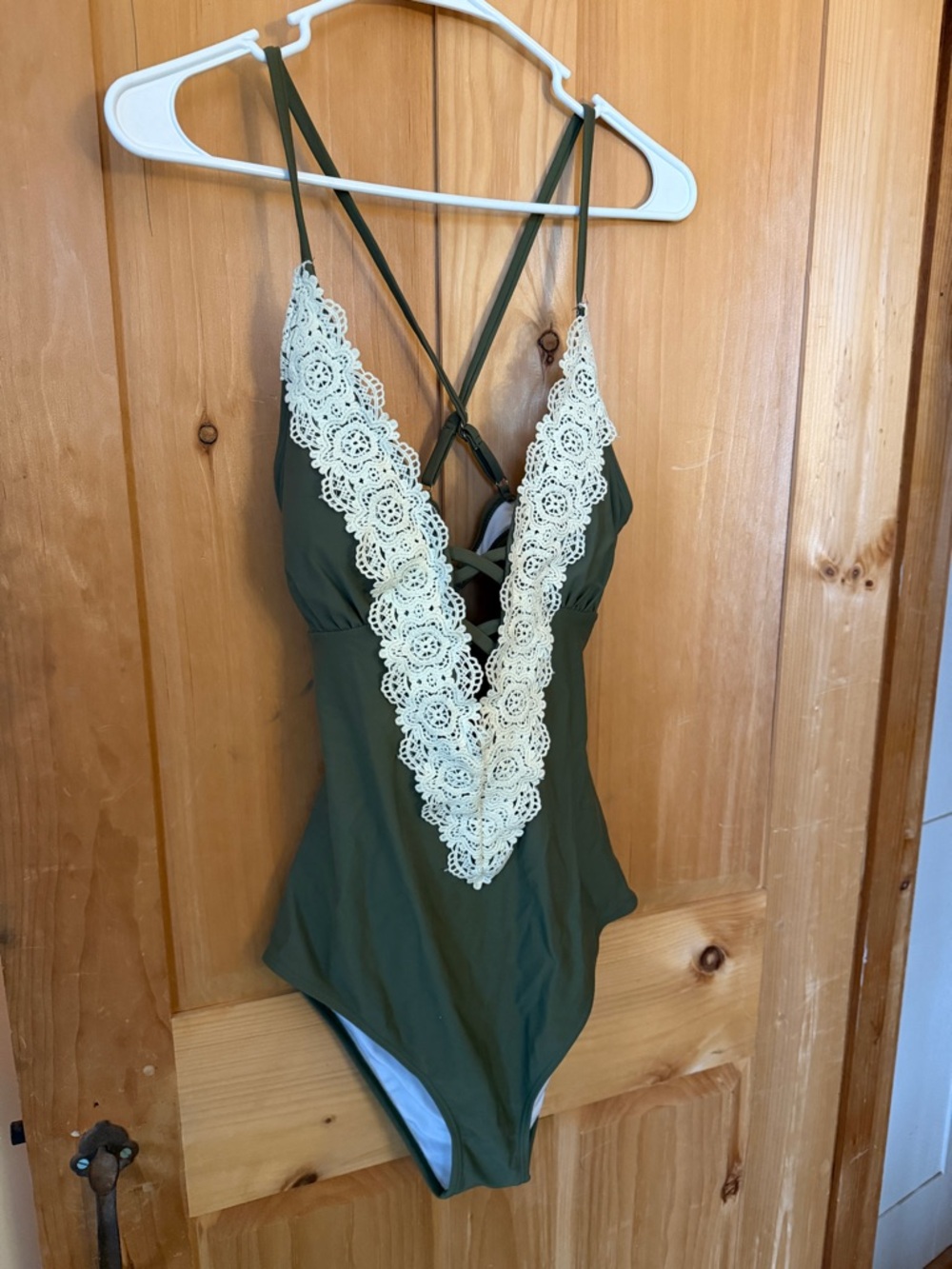 Cupshe Olive Green One-Piece Swimsuit with Cream Crochet Trim